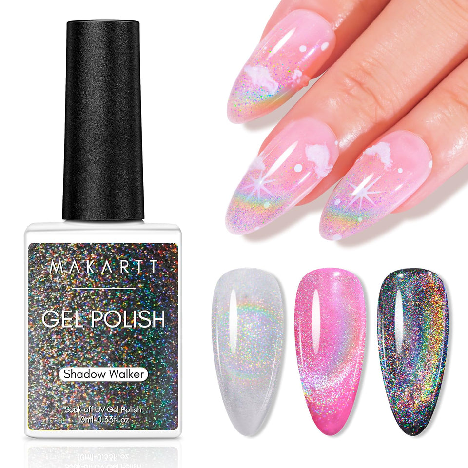 Makartt bottle front view showing rainbow cat eye polish, vivid holographic shine benefit
