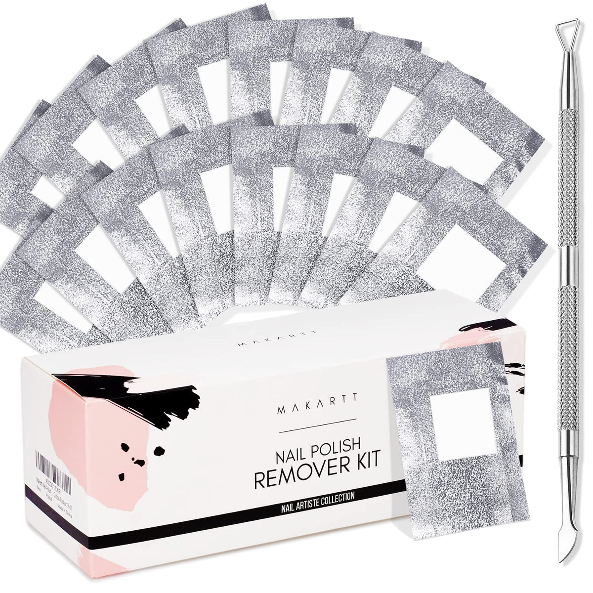 Makartt front packaging showing included 200 foil wraps and pusher, convenient storage