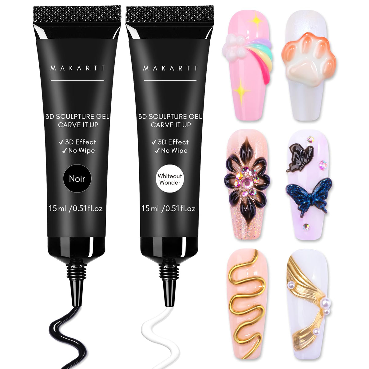 Makartt front view of white and black sculpting gel tubes showing brand and colors for precise shaping