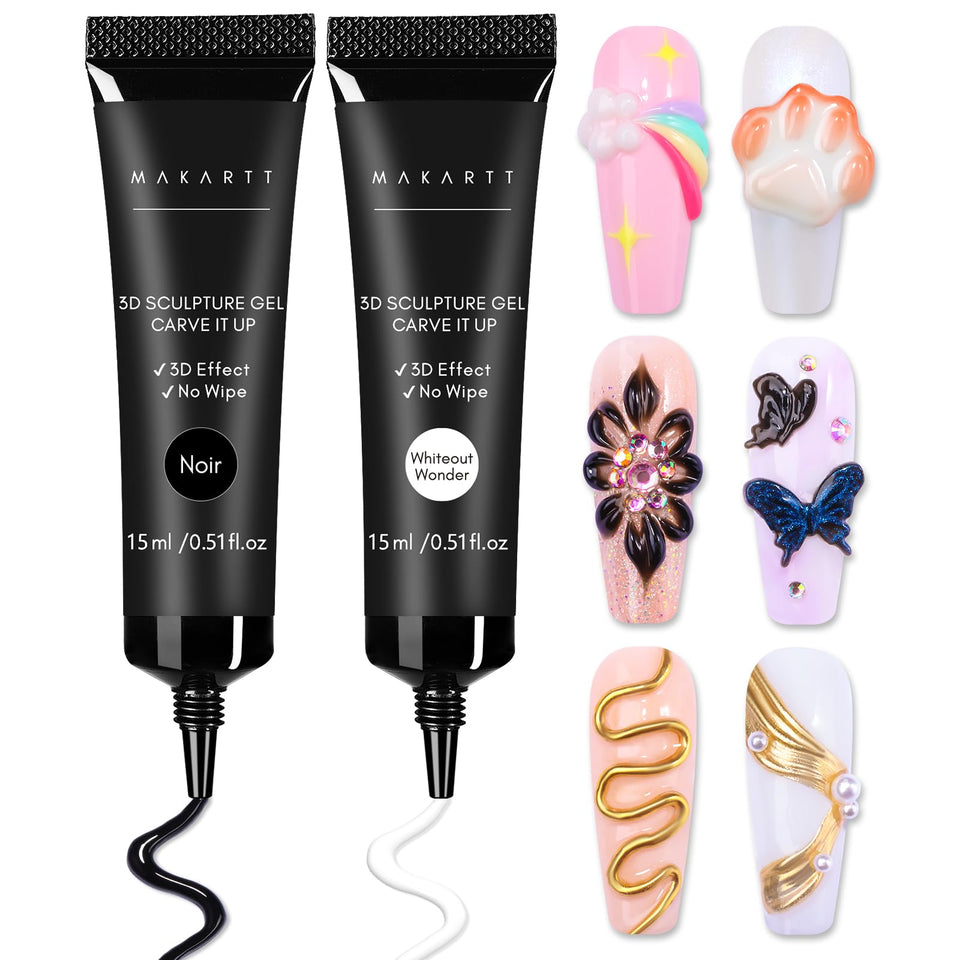 Makartt front view of white and black sculpting gel tubes showing brand and colors for precise shaping