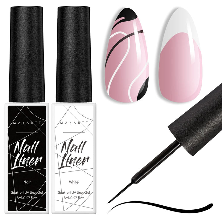 Makartt front view of black and white liner bottles showing packaging benefit