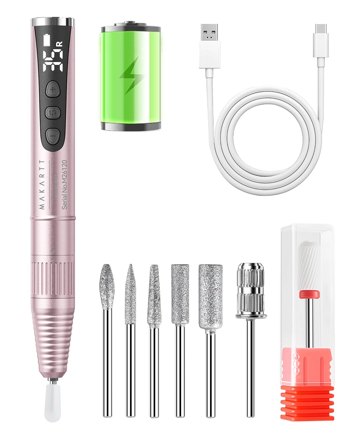 Makartt front view of cordless e-file kit showing components and portability benefits
