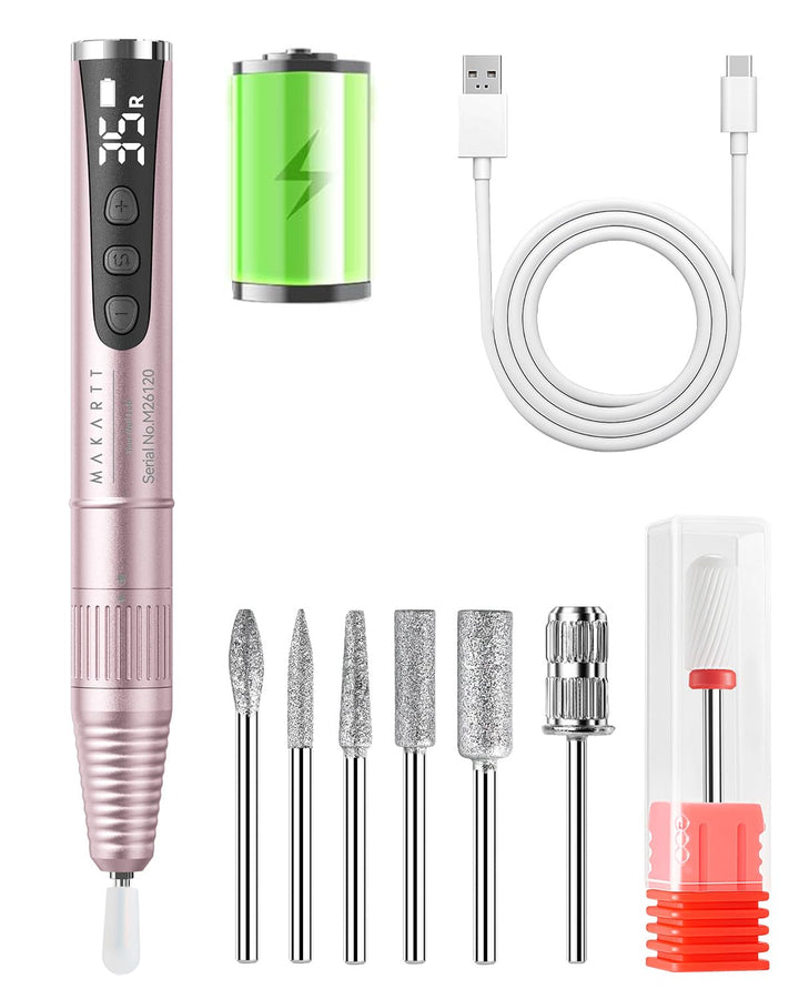 Makartt front view of cordless e-file kit showing components and portability benefits