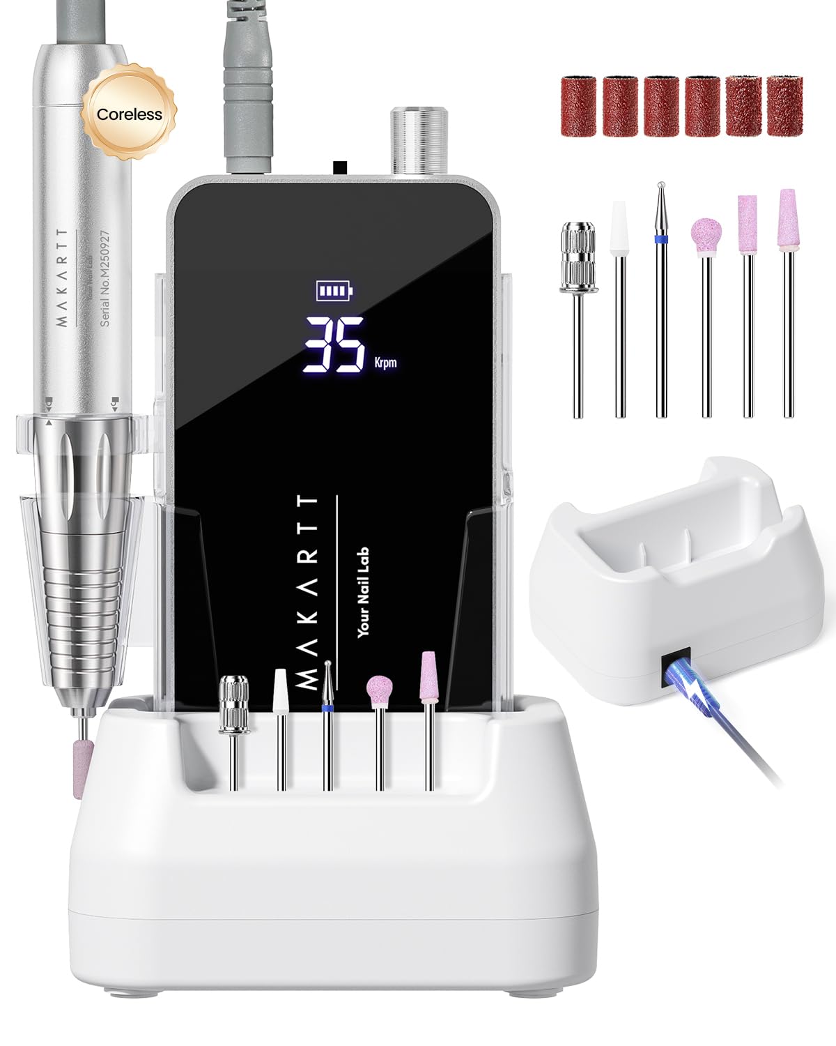 Makartt front view showing compact e-file design and stable base for salon use