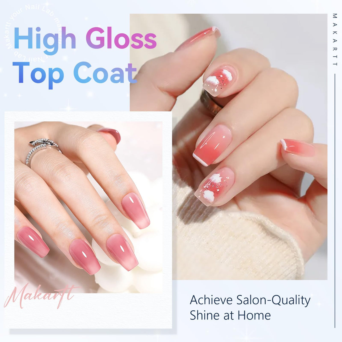 Makartt top coat applied on nail tip with mirror shine for durable chip protection