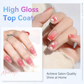 Makartt top coat applied on nail tip with mirror shine for durable chip protection