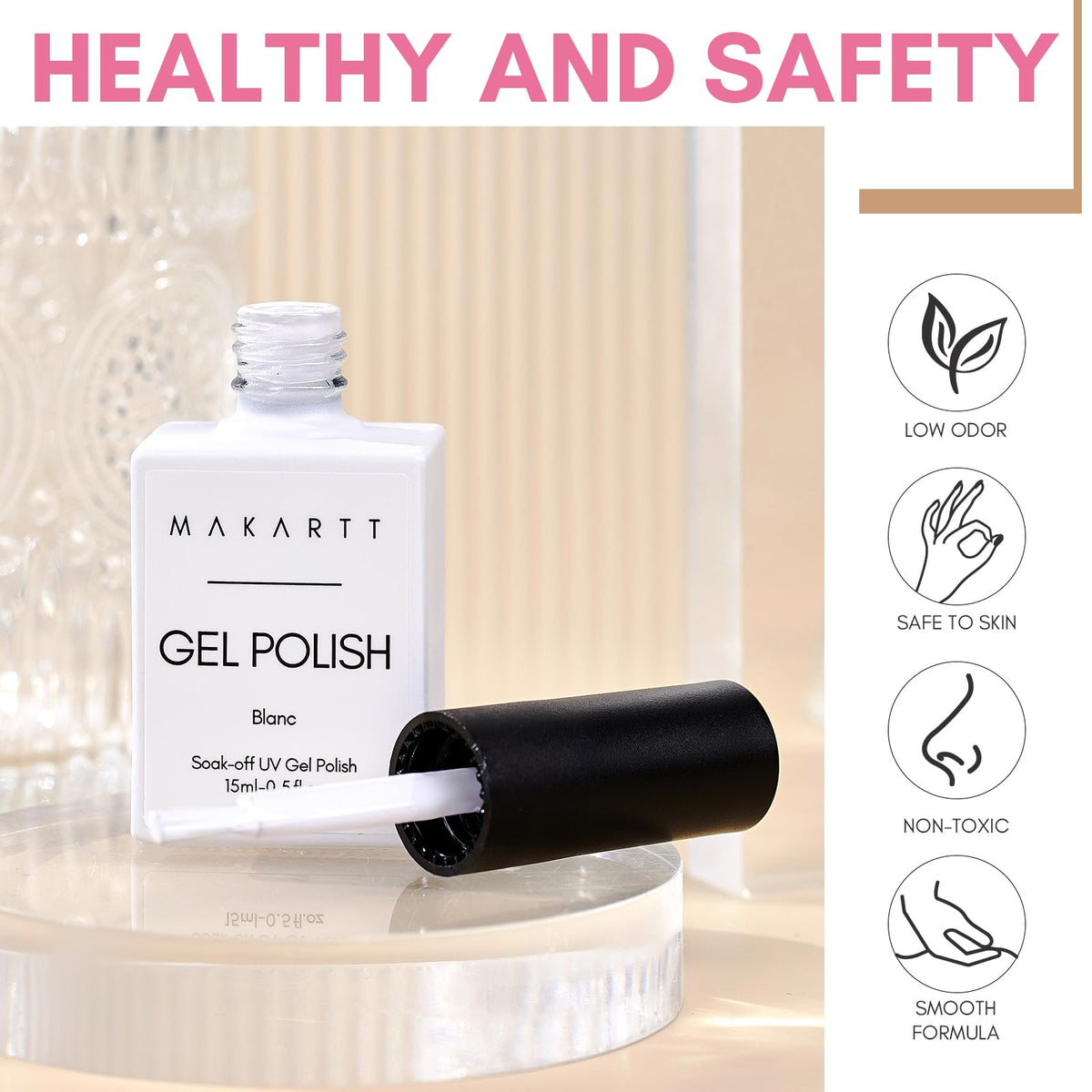 Makartt white gel bottle next to UV LED lamp for quick curing benefit