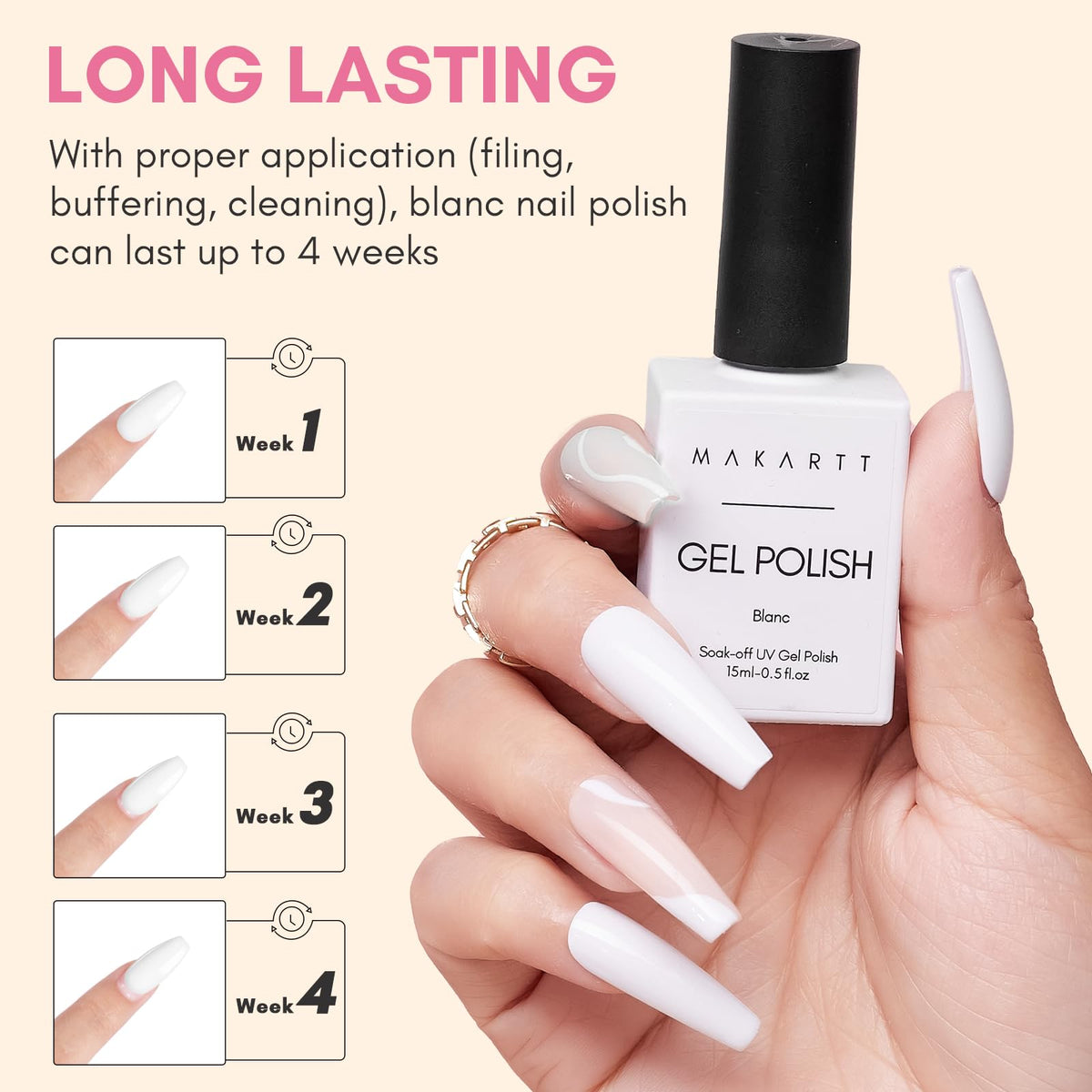 Makartt white gel French tip demo illustrating crisp lines and durability benefit