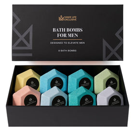 MAKE LIFE EXCLUSIVE front packaging showing eight masculine bath bombs and benefits