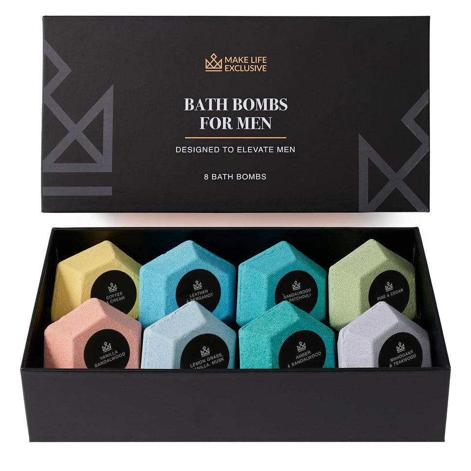 MAKE LIFE EXCLUSIVE front packaging showing eight masculine bath bombs and benefits