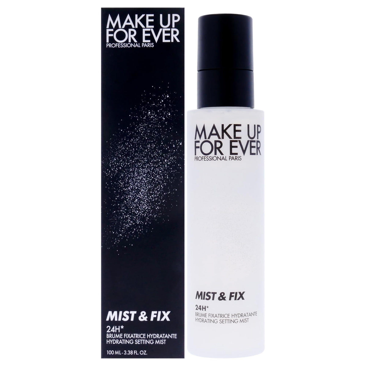 Make Up For Ever Mist and Fix front packaging showing bottle and label for easy identification and portability