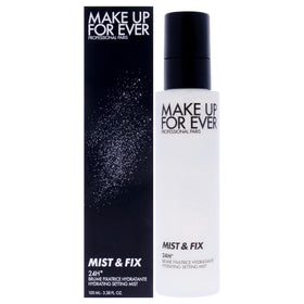 Make Up For Ever Mist and Fix front packaging showing bottle and label for easy identification and portability