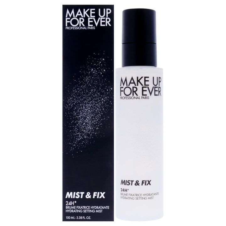 Make Up For Ever Mist and Fix front packaging showing bottle and label for easy identification and portability