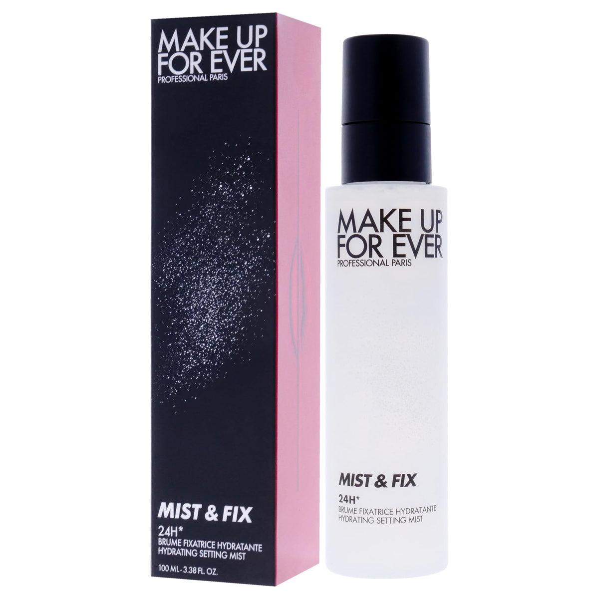 Make Up For Ever bottle next to passport and travel items showing 3.4 oz size ideal for travel convenience