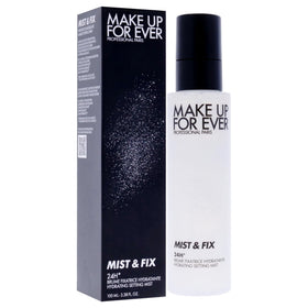 Make Up For Ever misting over model's face demonstrating lightweight finish and instant refresh benefit