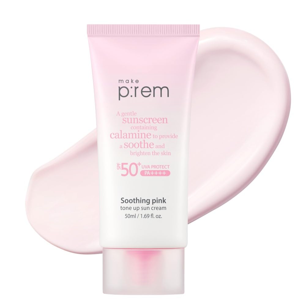 MAKE P:REM front packaging showing SPF 50 and pink tint benefit