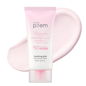 MAKE P:REM front packaging showing SPF 50 and pink tint benefit