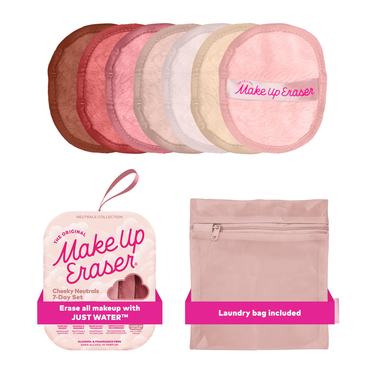 MakeUp Eraser front packaging showing seven cheeky neutrals, eco benefit