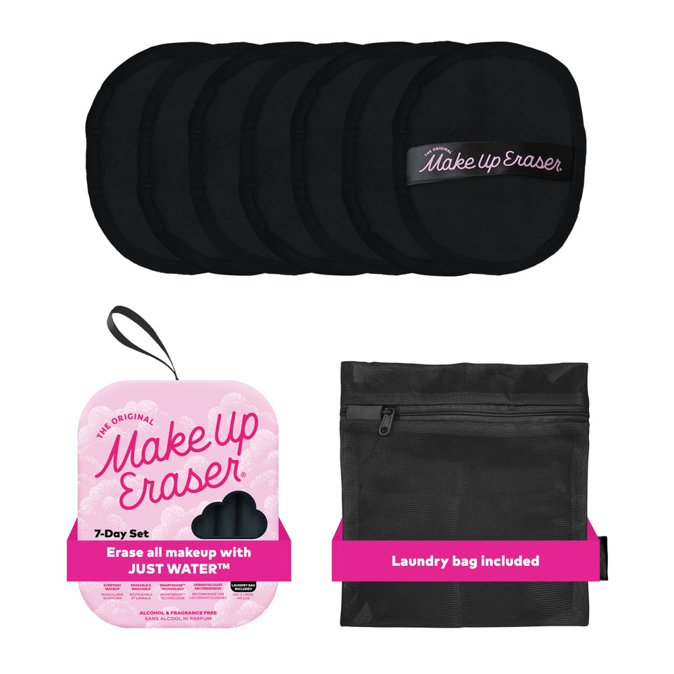 MakeUp Eraser front packaging showing chic black seven-count set and convenience