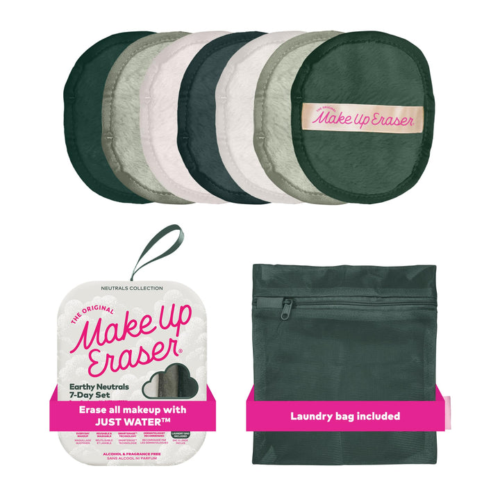 MakeUp Eraser front packaging showing seven neutral pads and branding, reusable benefit