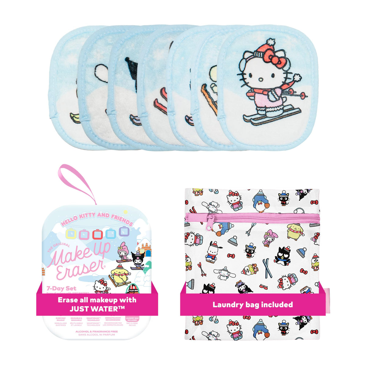 MakeUp Eraser front packaging showing Hello Kitty skiing and weekly set layout benefits