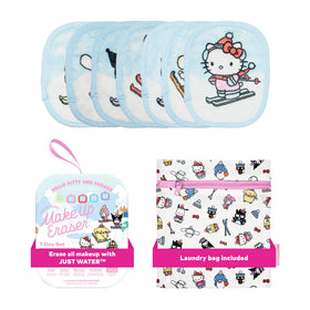 MakeUp Eraser front packaging showing Hello Kitty skiing and weekly set layout benefits