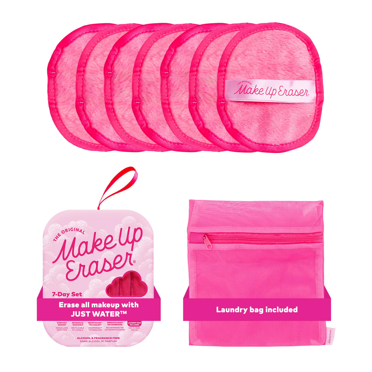 MakeUp Eraser front packaging in pink showing seven pads and benefits