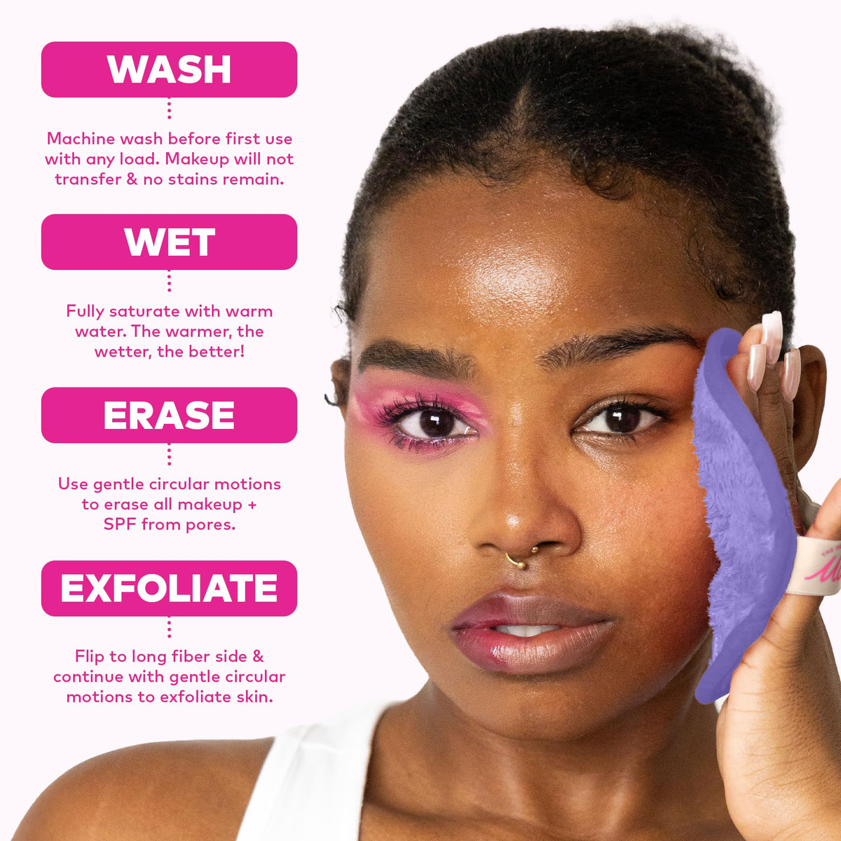 MakeUp Eraser on bathroom vanity showing reusable, eco-friendly skincare routine