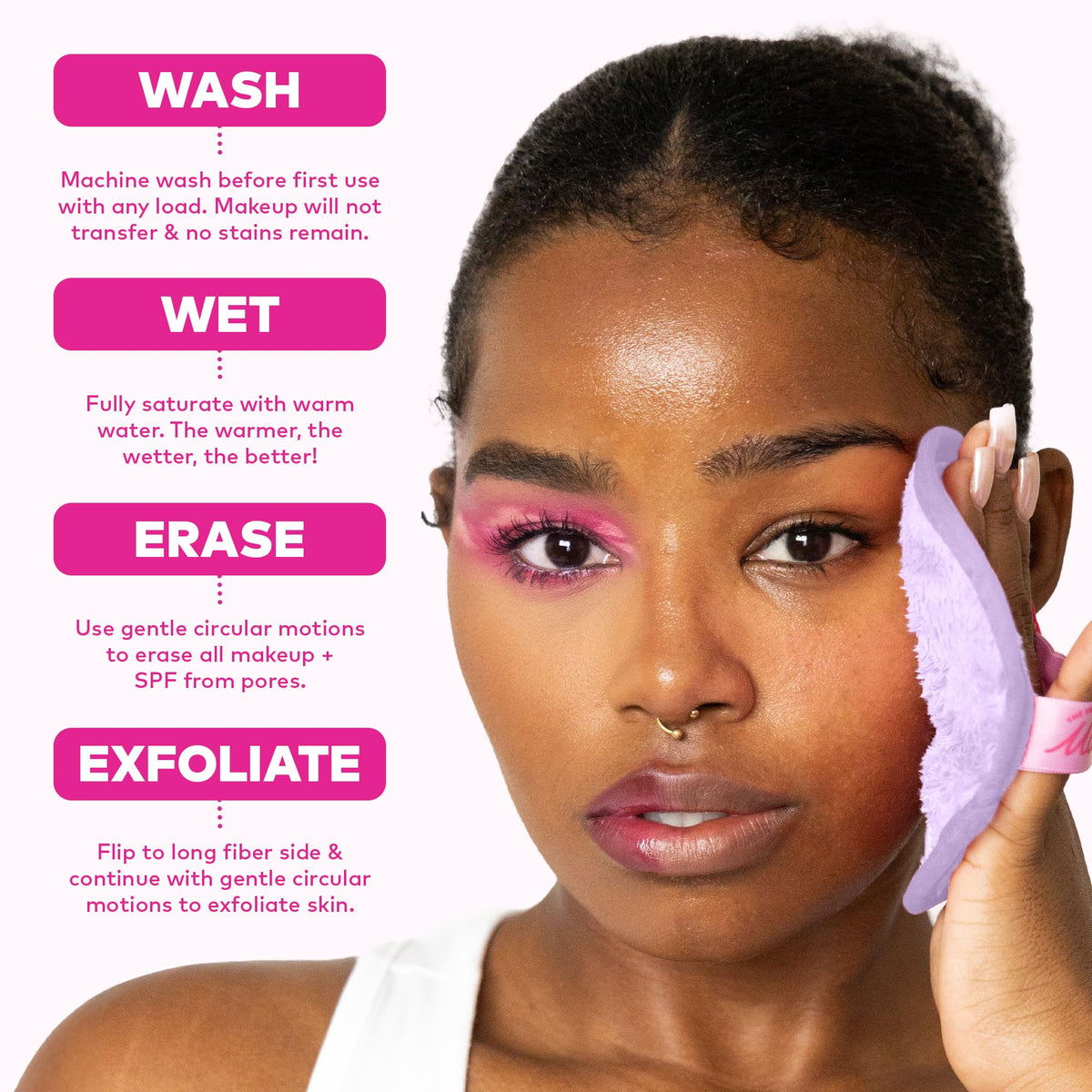 MakeUp Eraser on a bathroom vanity near cleanser for streamlined skincare routine