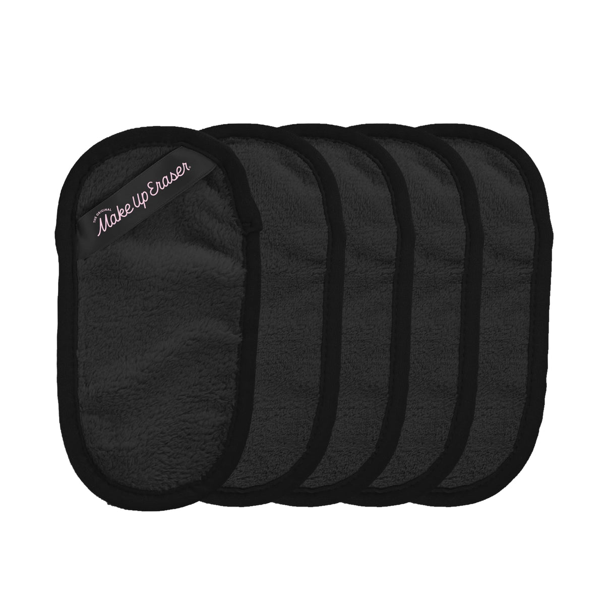 MakeUp Eraser front packaging showing five chic black cloths, compact and travel ready