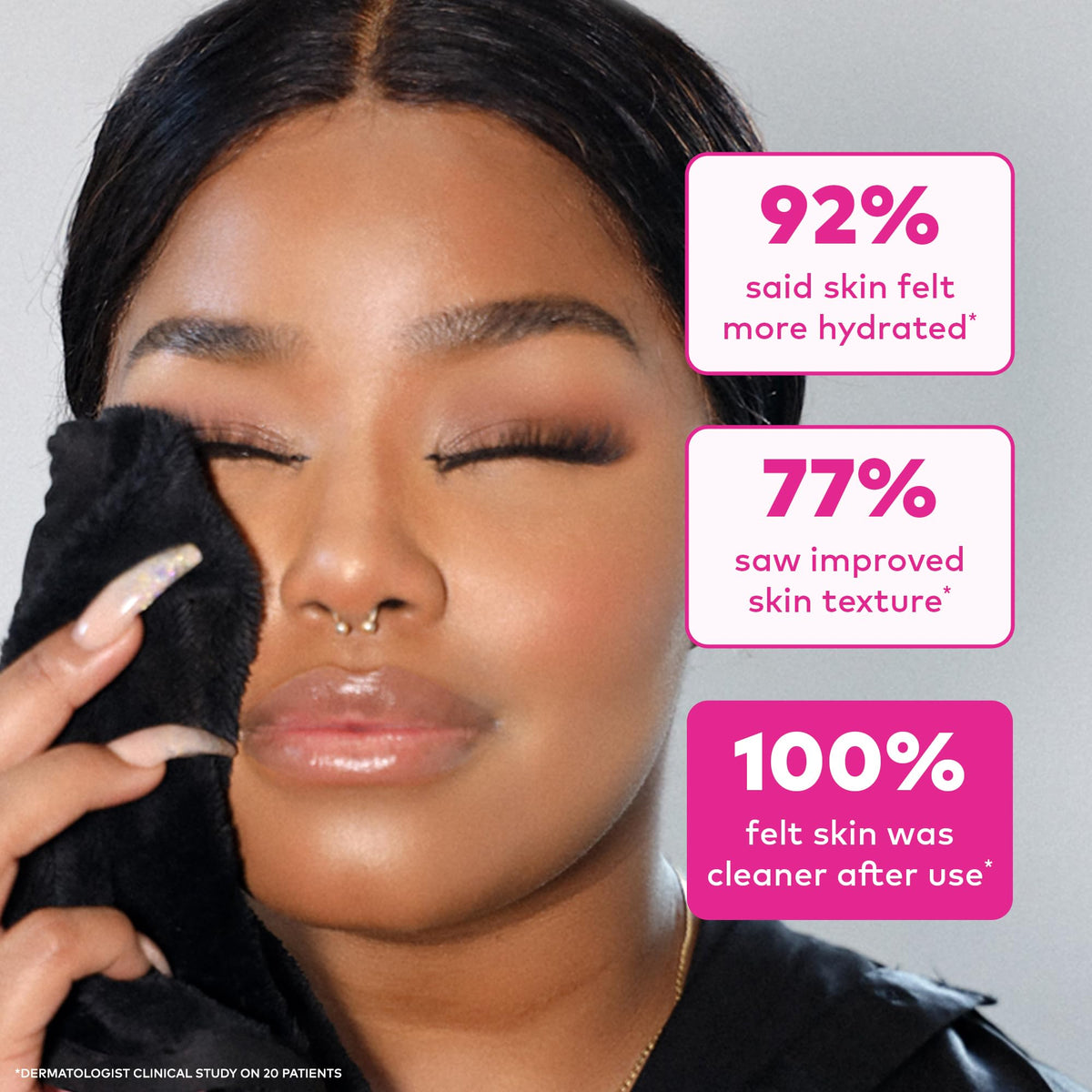 MakeUp Eraser removing waterproof mascara, revealing clean lash line benefit