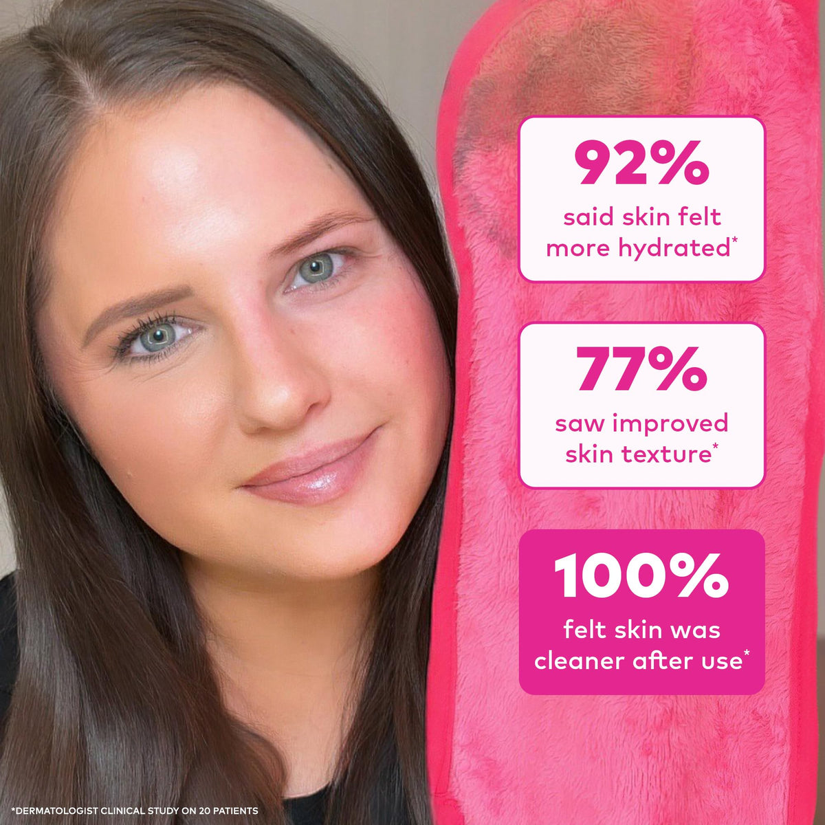 MakeUp Eraser tag side close-up showing exfoliating long fibers benefit