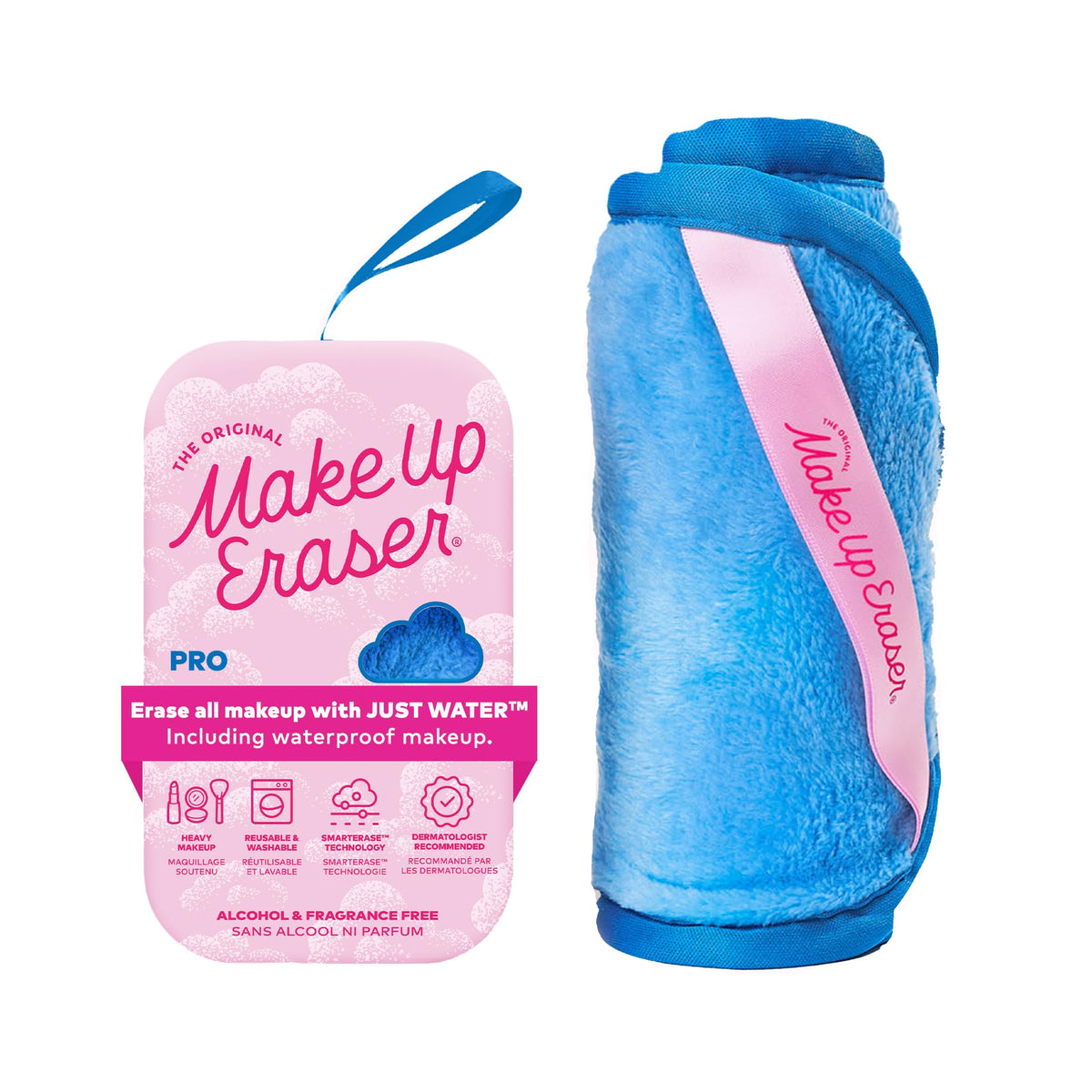 MakeUp Eraser PRO front view showing Berry Blue cloth and benefit of reusable removal