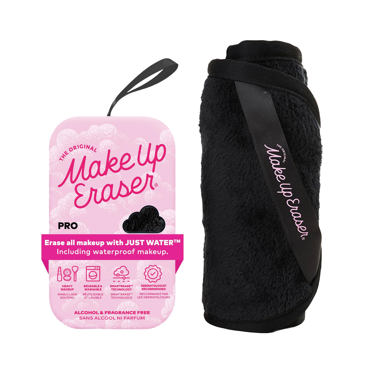 MakeUp Eraser front view showing full-size cloth and black color offering reusable removal