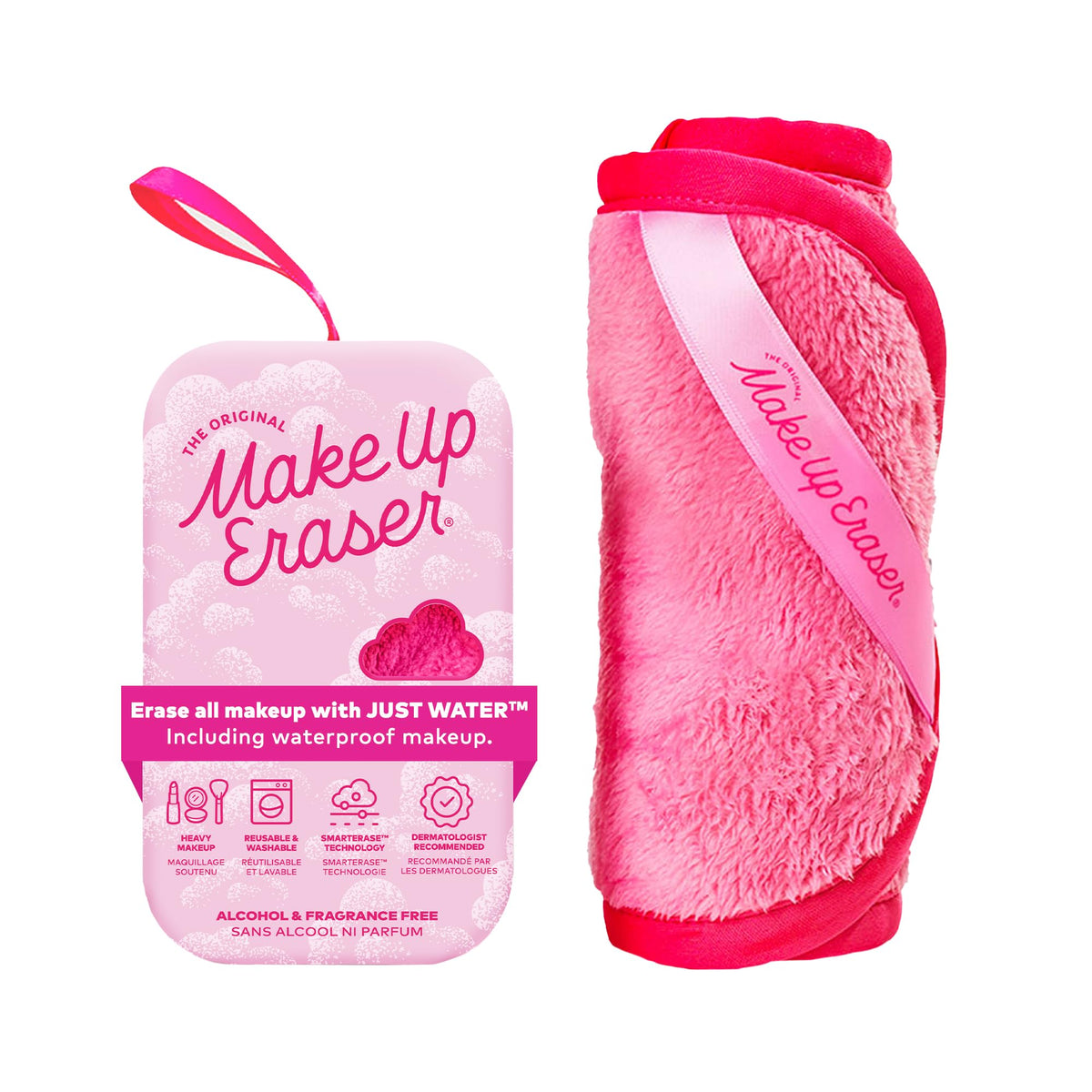 MakeUp Eraser front view showing full-size cloth and easy reuse benefit