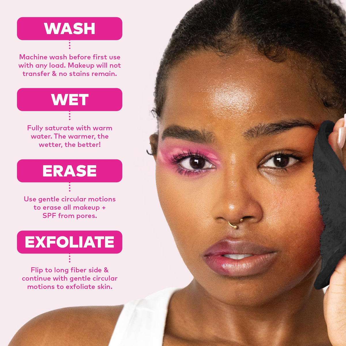 MakeUp Eraser on bathroom counter near cleanser illustrating everyday eco-friendly routine