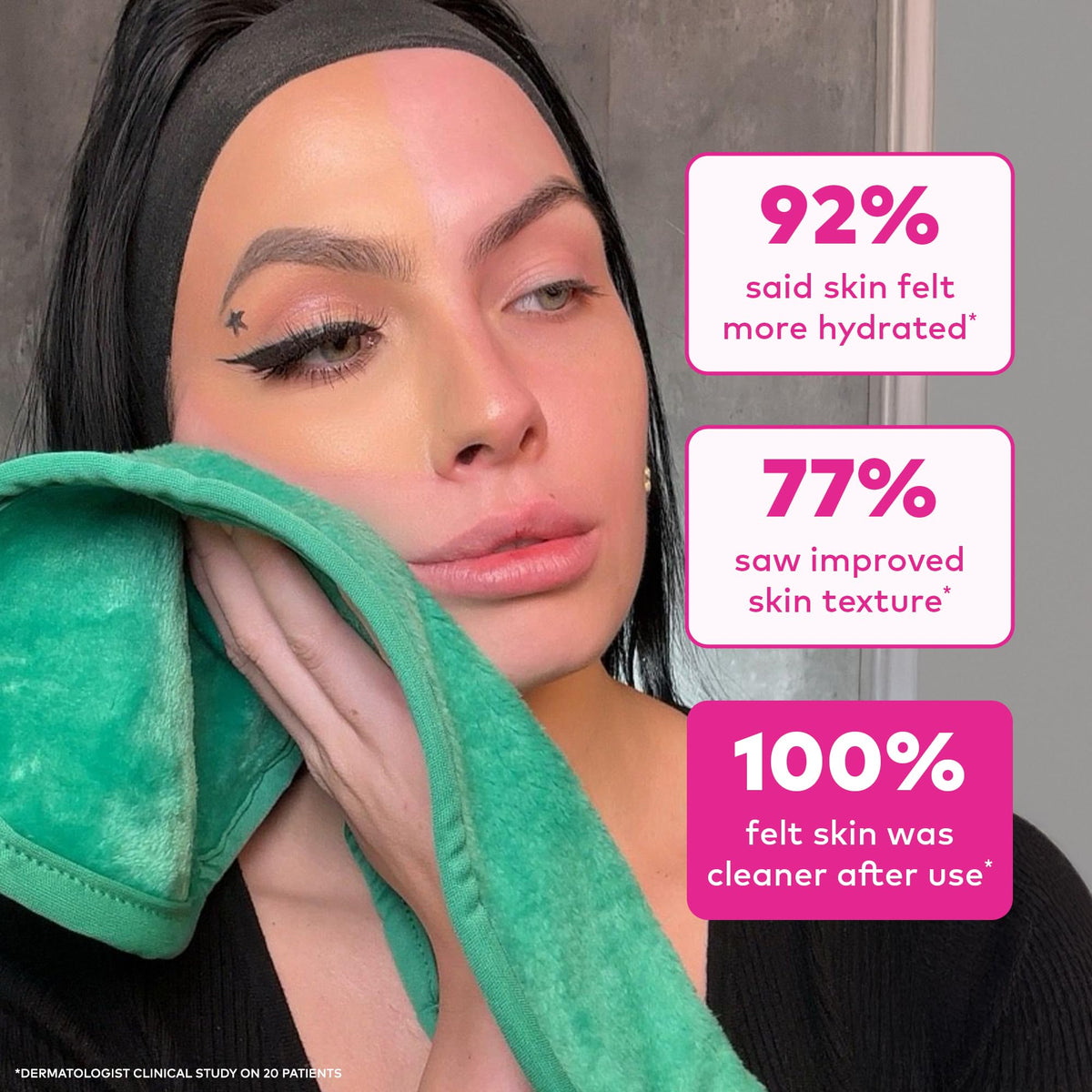 MakeUp Eraser shown in hand to demonstrate full-size 15.5 x 7.25-inch scale