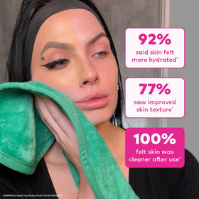 MakeUp Eraser shown in hand to demonstrate full-size 15.5 x 7.25-inch scale