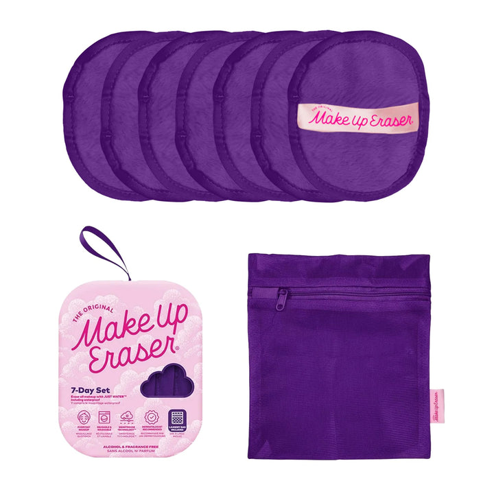 MakeUp Eraser Queen Purple front packaging showing seven reusable pads and benefits