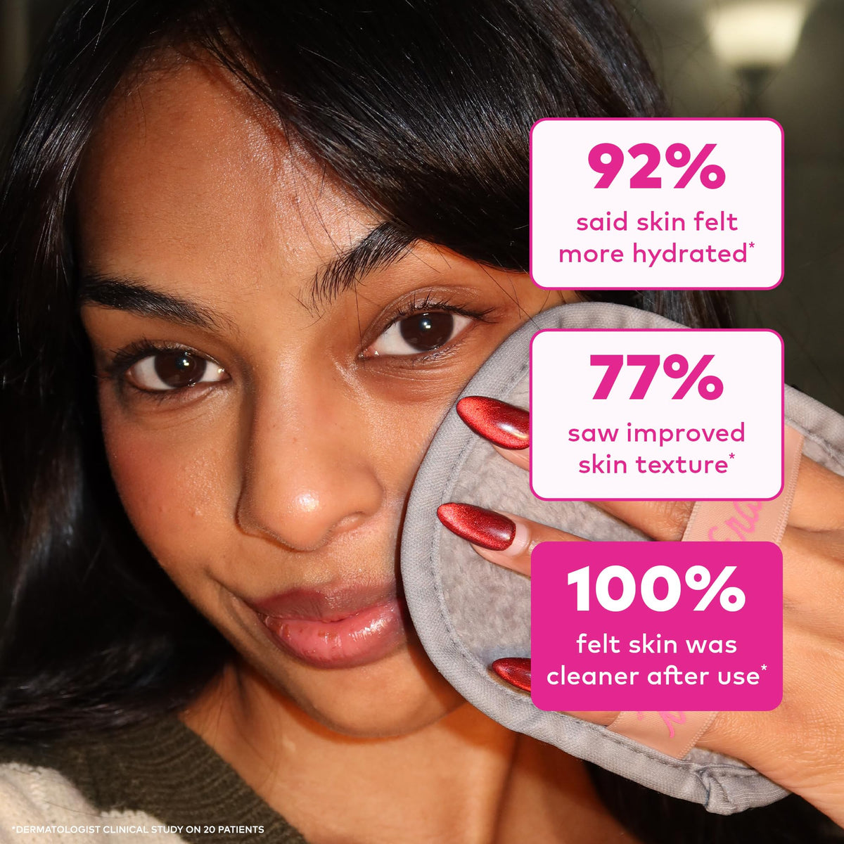MakeUp Eraser beside a hand to show pad size and portable travel-friendly benefit