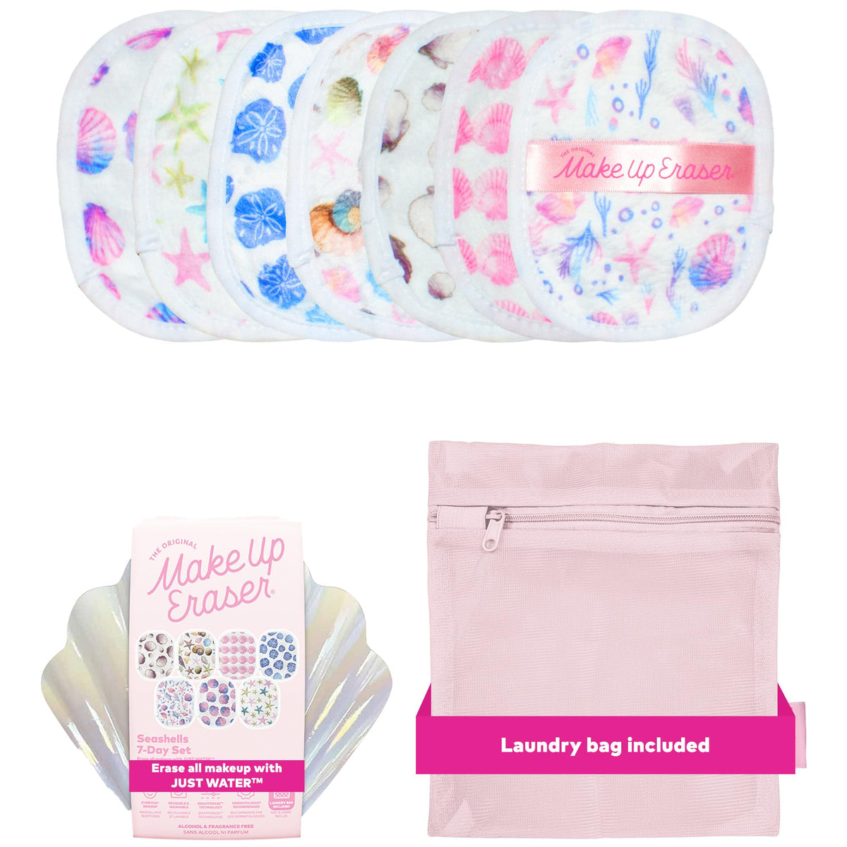 MakeUp Eraser seashells front packaging showing seven reusable pads and benefits