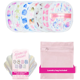 MakeUp Eraser seashells front packaging showing seven reusable pads and benefits