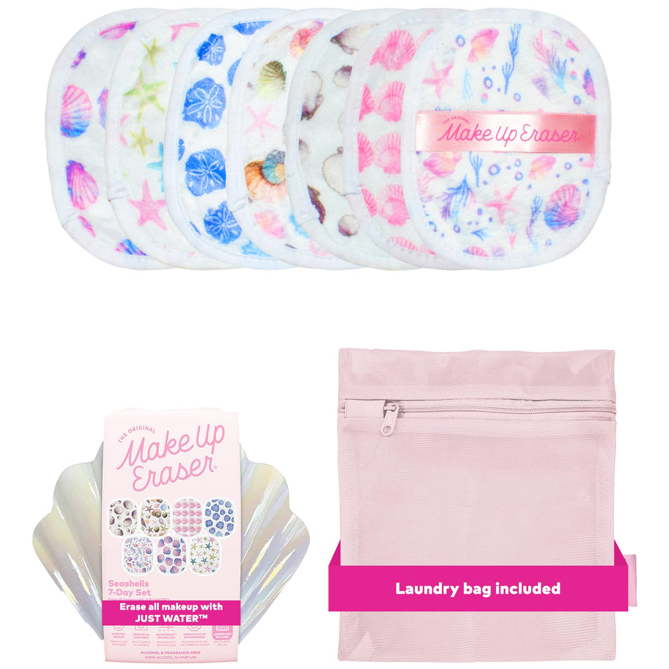 MakeUp Eraser seashells front packaging showing seven reusable pads and benefits