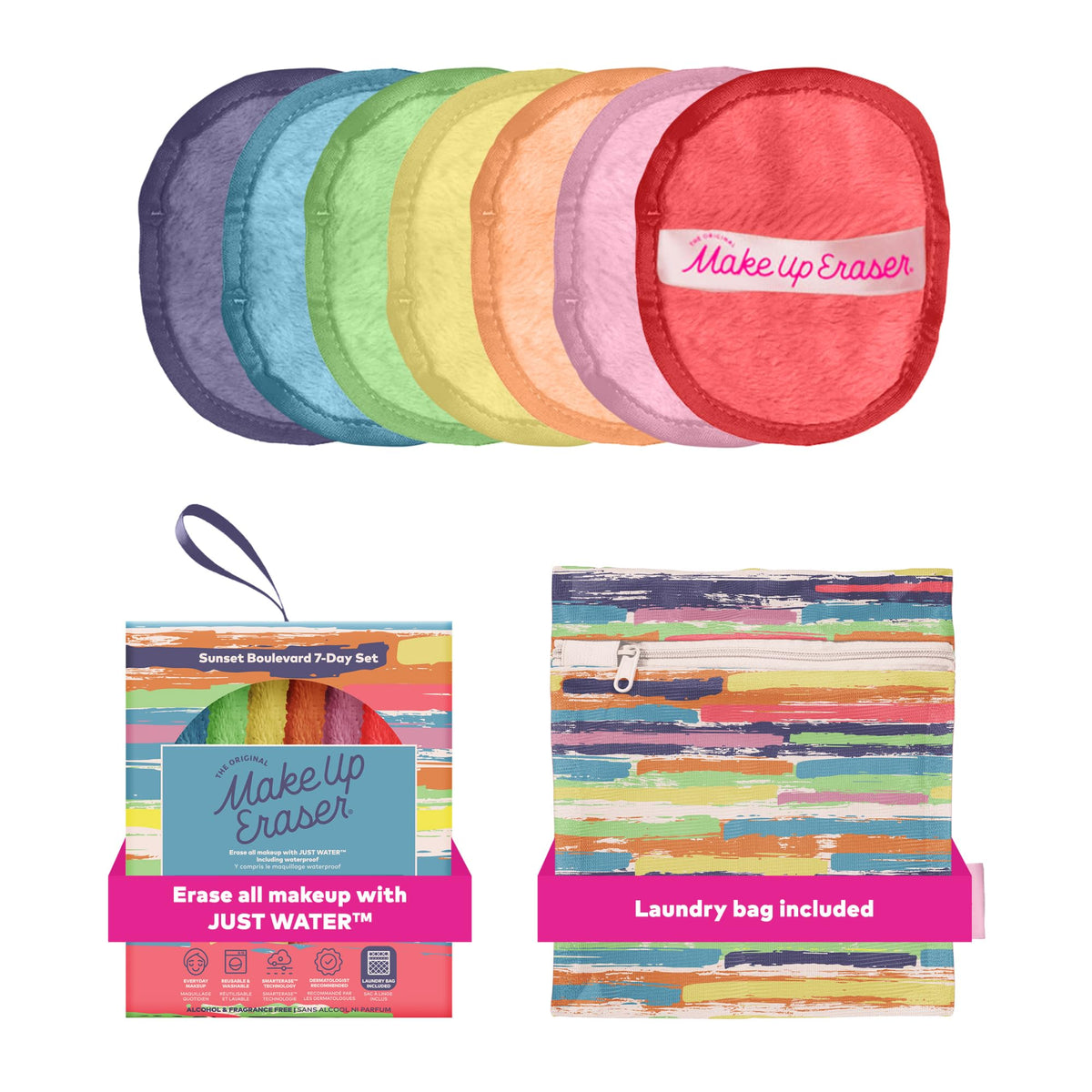 MakeUp Eraser front packaging showing Sunset Boulevard colors and included seven cloths