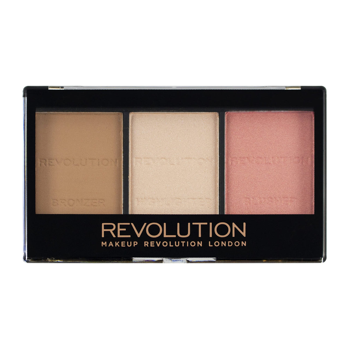 Makeup Revolution compact front palette showing three pans and mirror for easy definition
