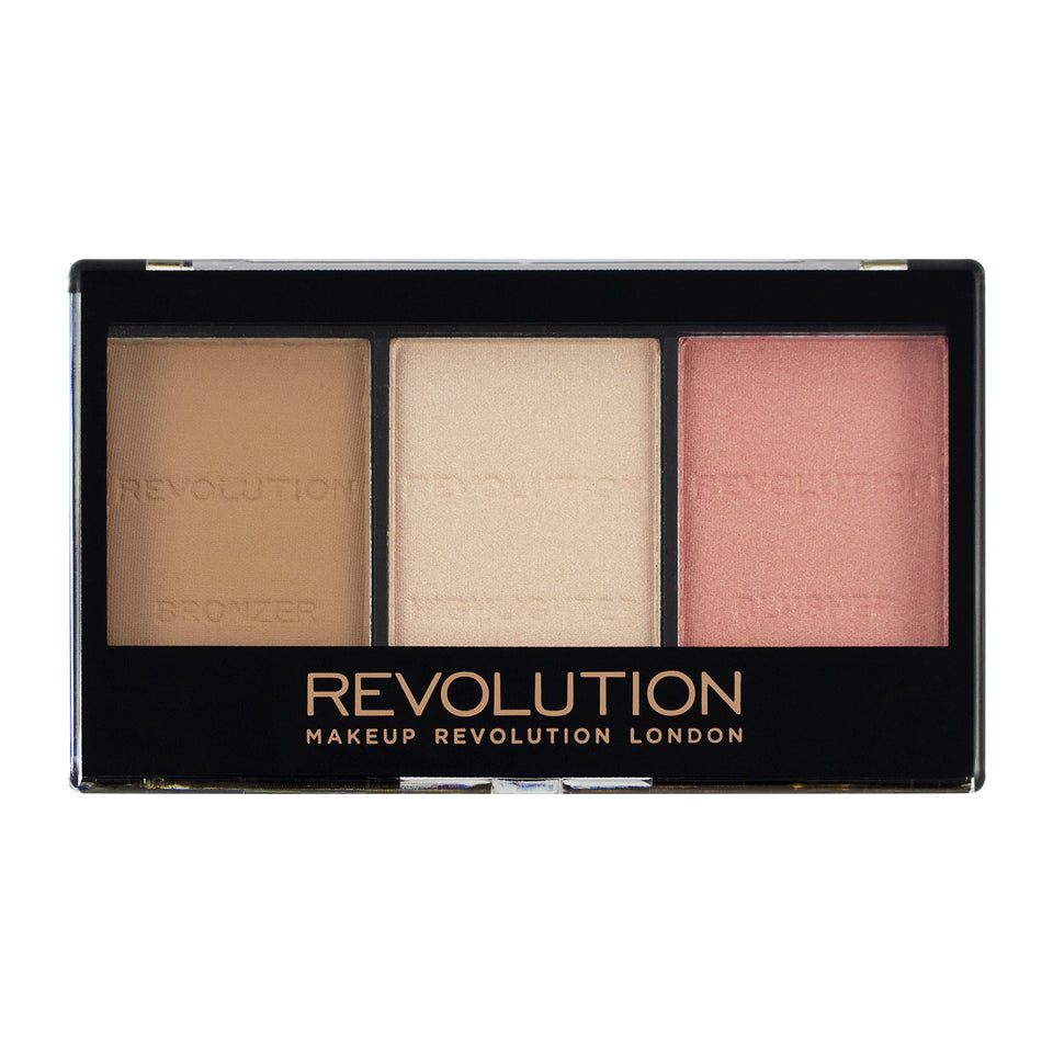Makeup Revolution compact front palette showing three pans and mirror for easy definition