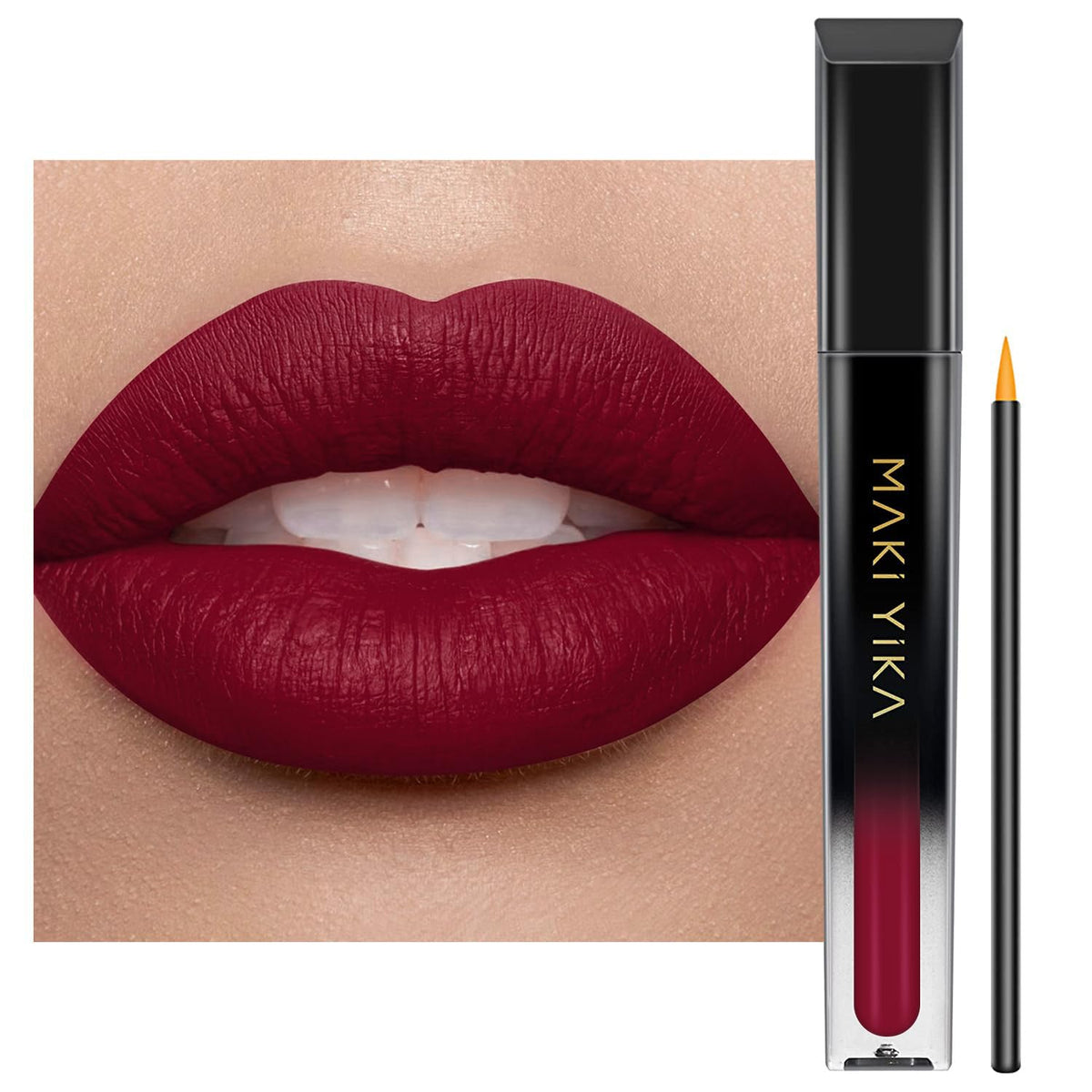 MAKI YIKA front packaging showing burgundy lipstick and label benefits