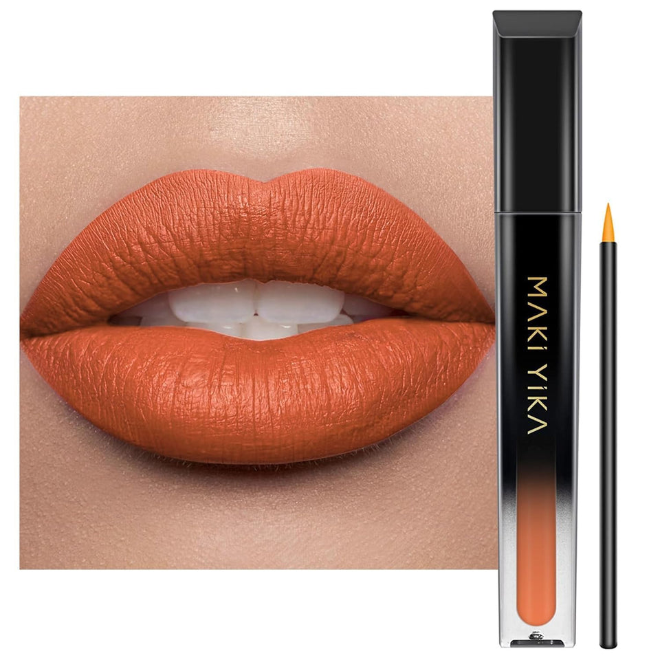MAKI YIKA front packaging showing coral nude shade and long-wear benefit