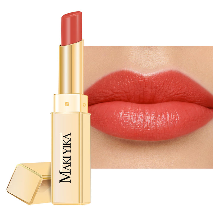MAKI YIKA front packaging showing coral-red shade and glossy benefit