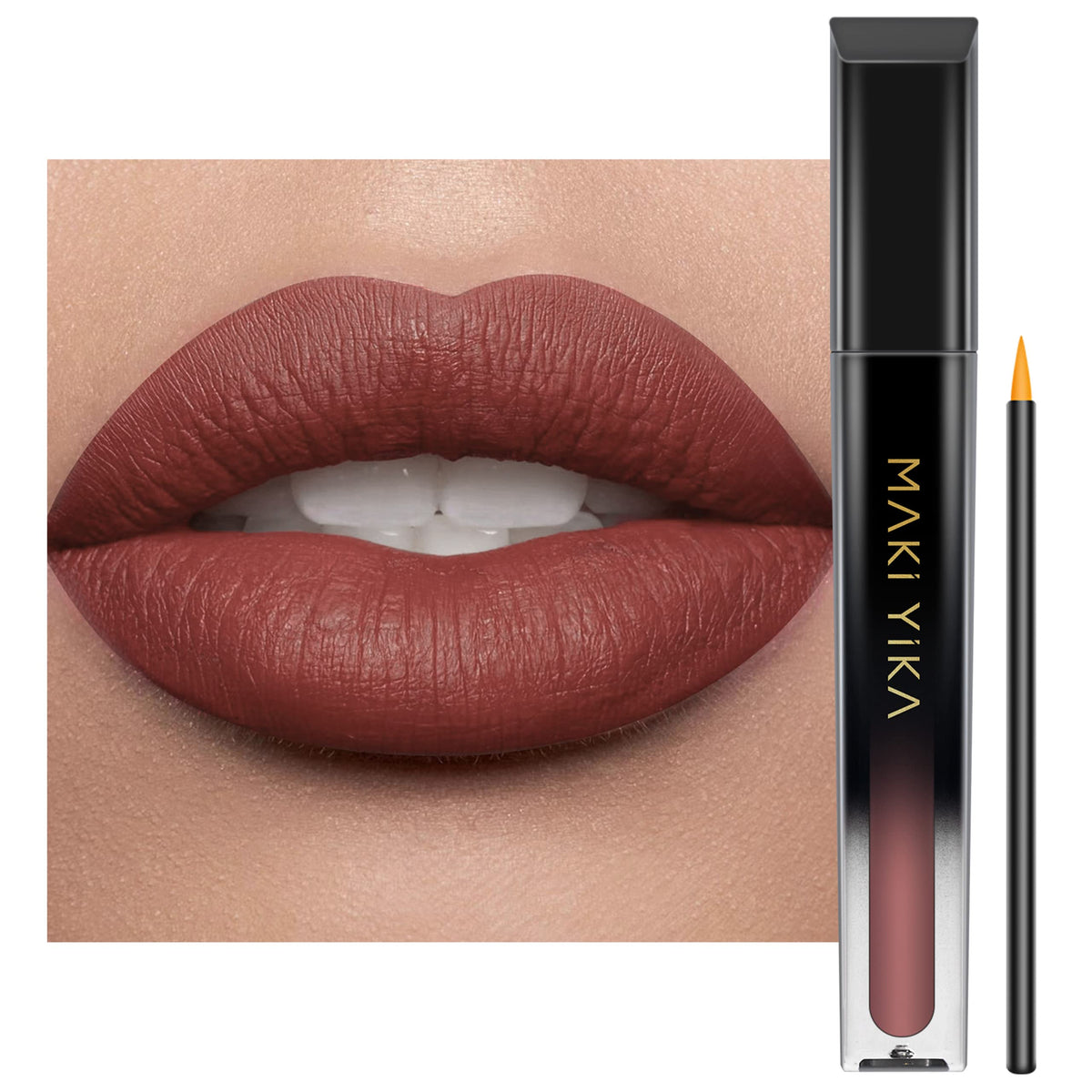 MAKI YIKA front packaging showing brown nude shade and matte finish benefit